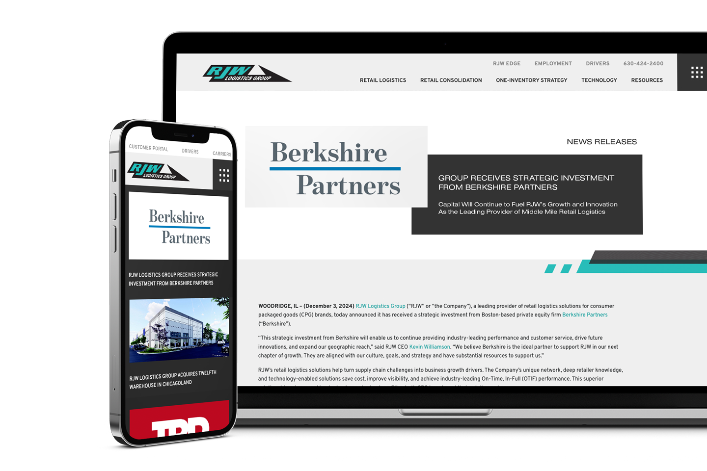 A smartphone and a laptop display the RJW Logistics Group website featuring a news article about a strategic investment from Berkshire Partners. The article headline and logos are prominently visible on both screens.