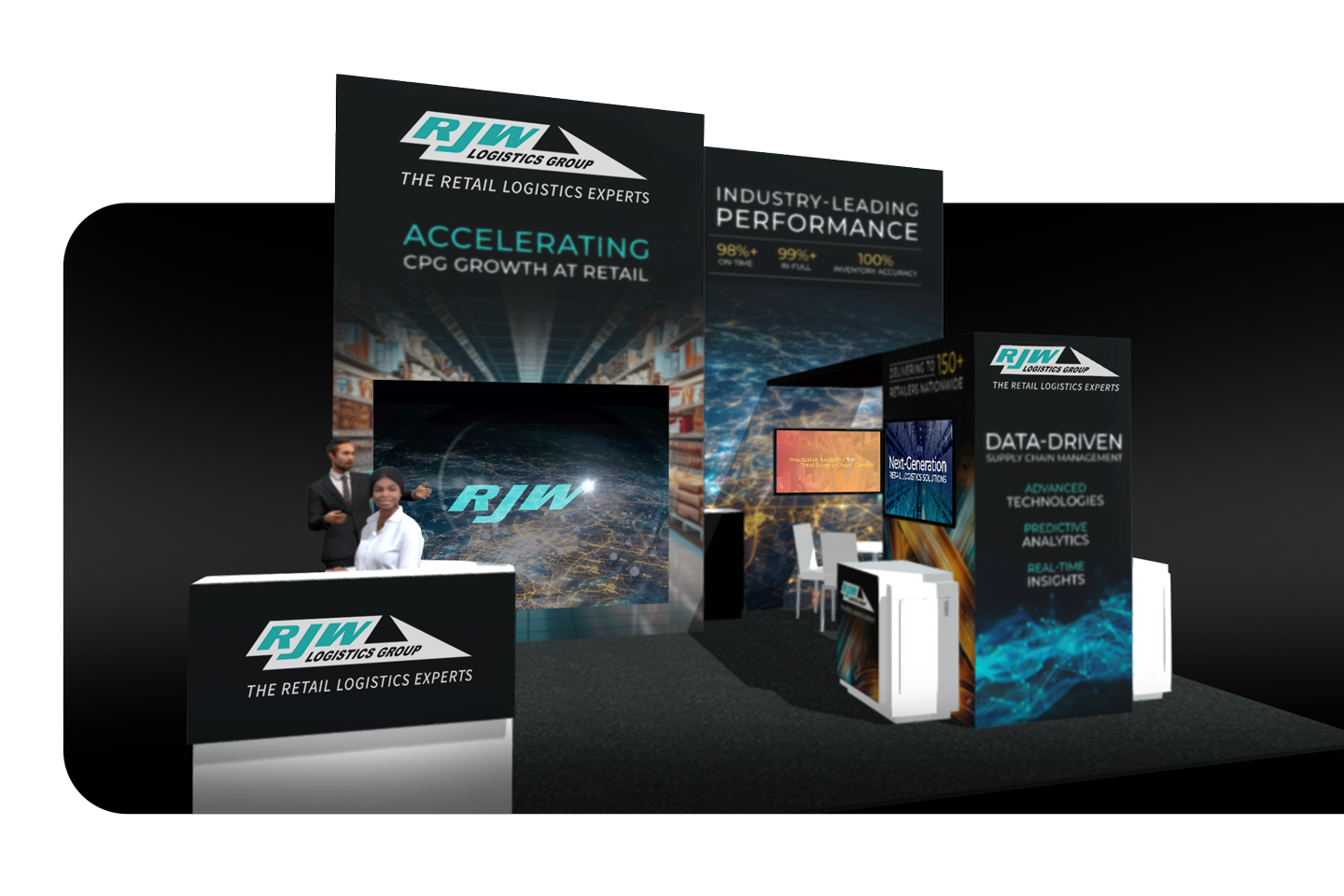 A trade show booth for RJW Logistics Group features large branded displays, marketing messages about retail logistics, and two people standing at the front counter in a modern, professional setting.