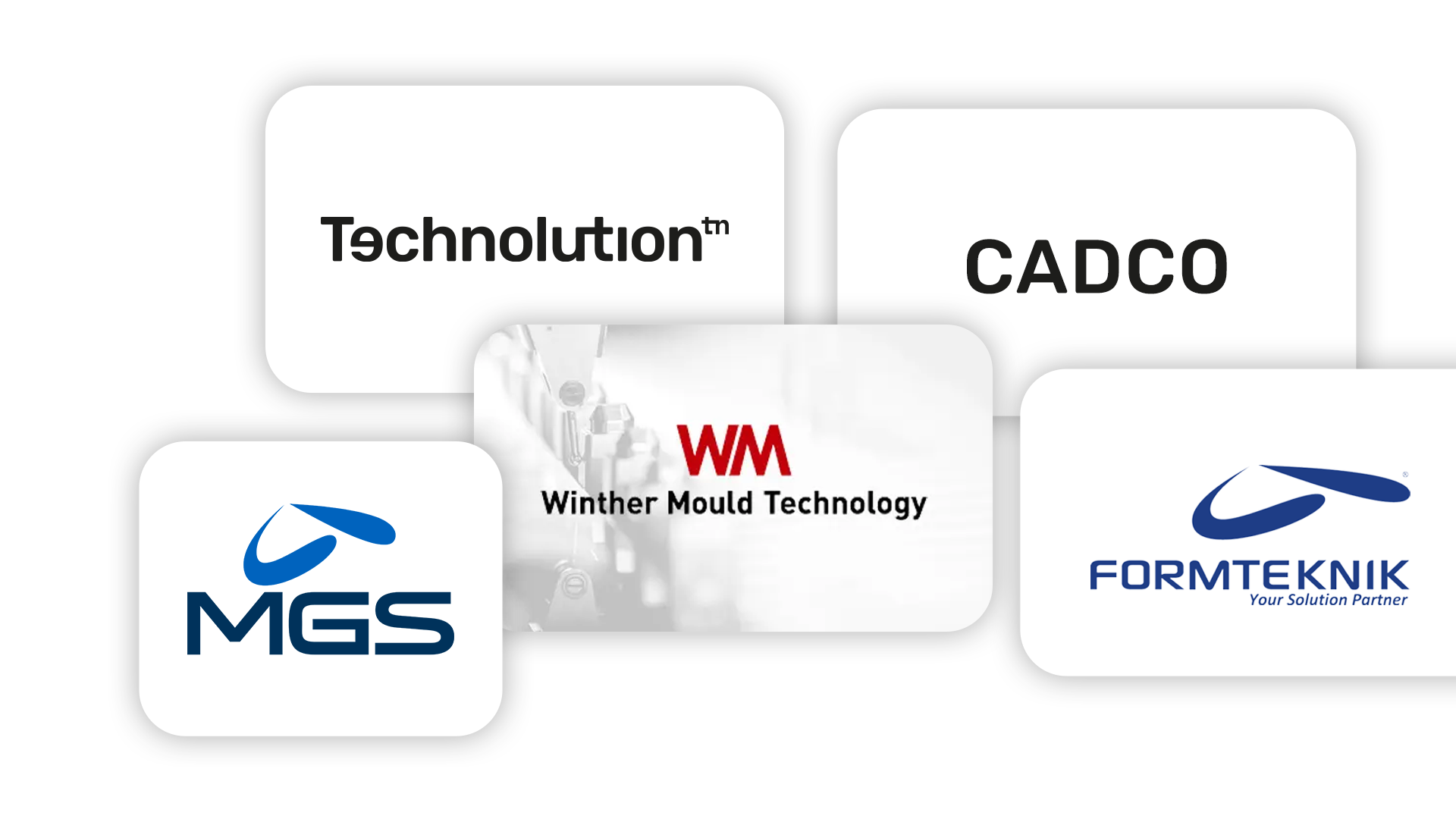 A collage of five company logos: Technolution, CADCO, MGS, Winther Mould Technology, and FORMTEKNIK representing a brand integration