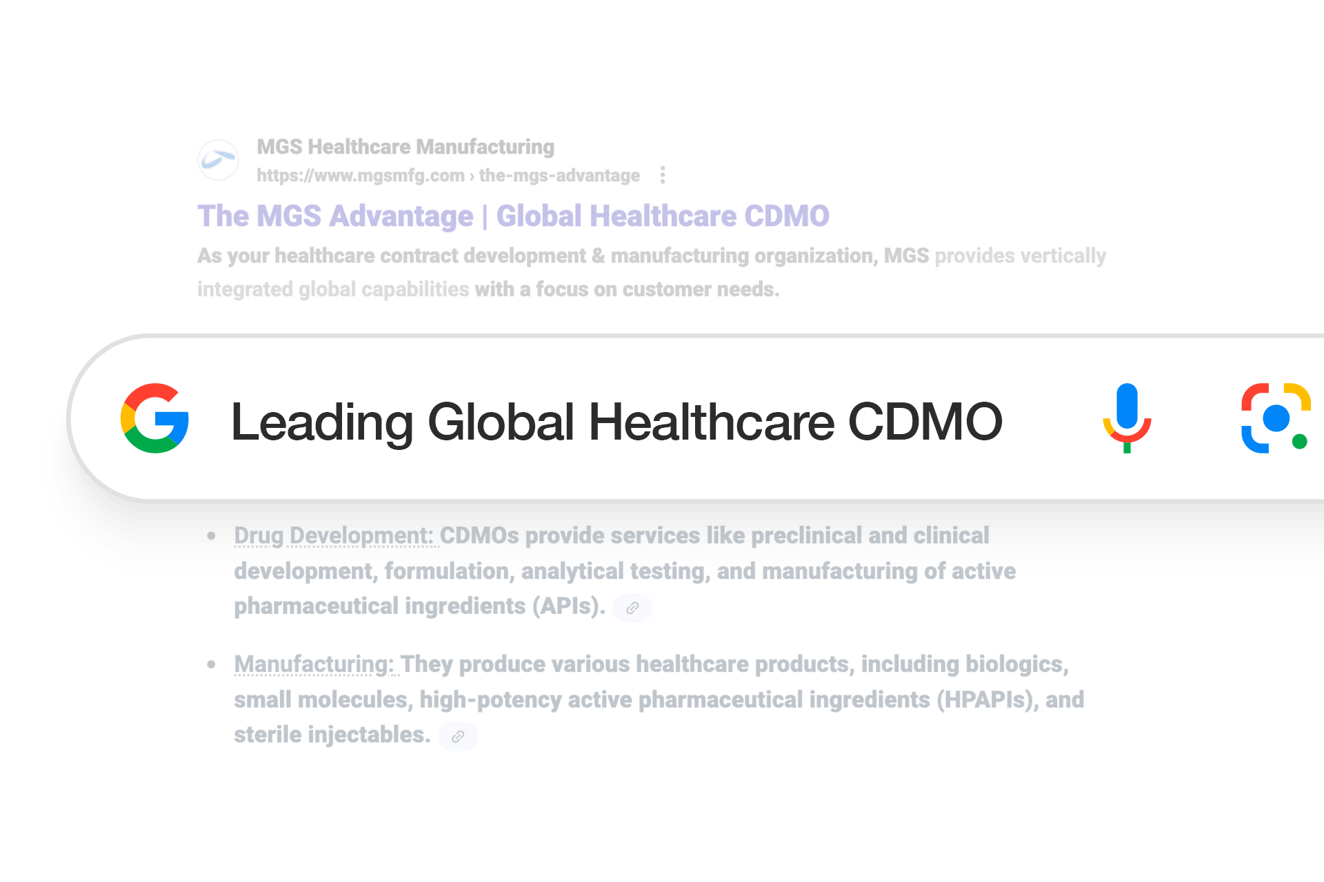 A search bar displays the query Leading Global Healthcare CDMO over a blurred background showing search results about healthcare manufacturing and CDMO services.