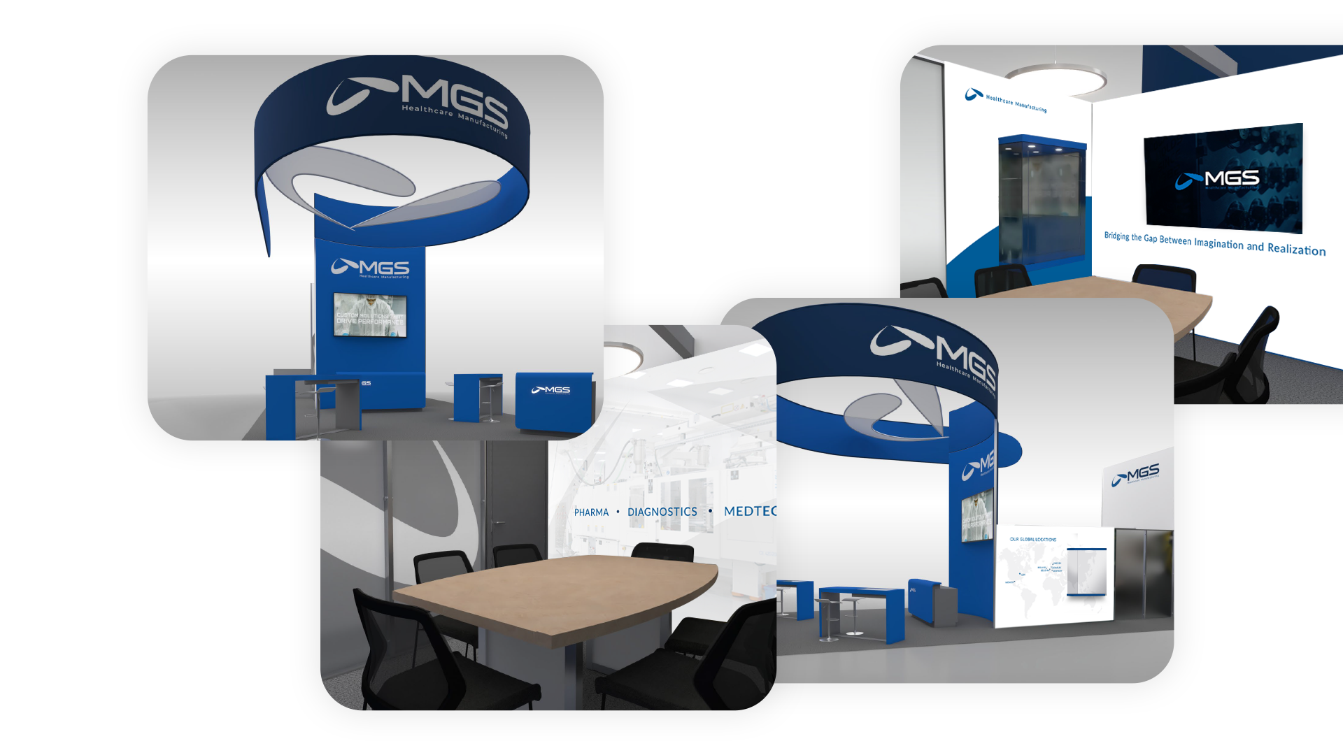 A trade show booth with MGS branding, featuring blue and white displays, a large circular overhead sign, presentation screens, product showcases, and a meeting area.